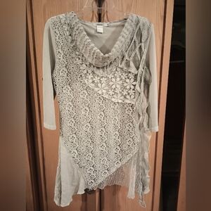 Feratelli Romantic Lace Chiffon Layers Boho Blouse - Taupe